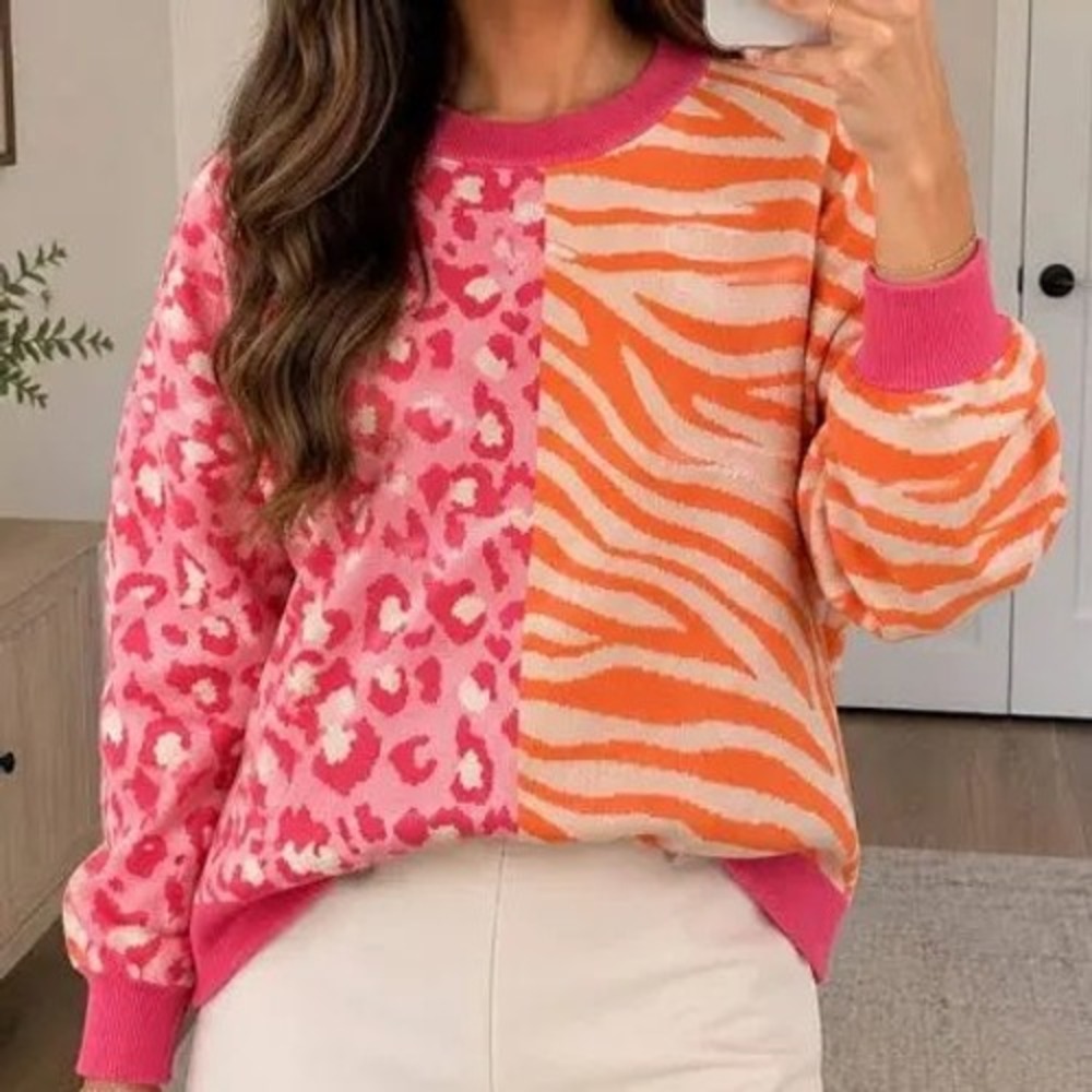 THML Mixed Animal Print Sweater Pink Orange Leopard Zebra Colorblock L